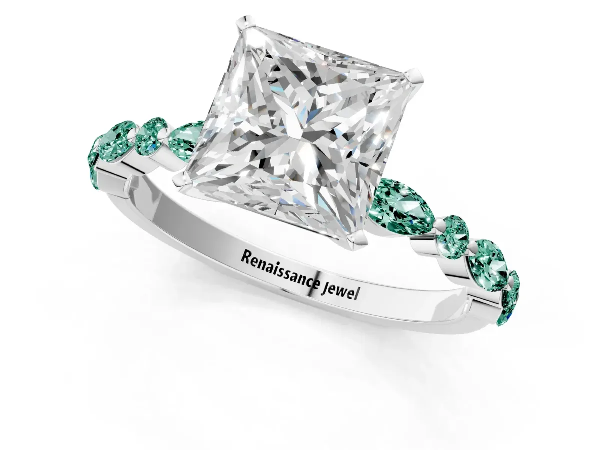 Princess Cut Diamond Ring with Marquise and Round Green Sapphire Side Stones and Four-Prong Setting Platinum
