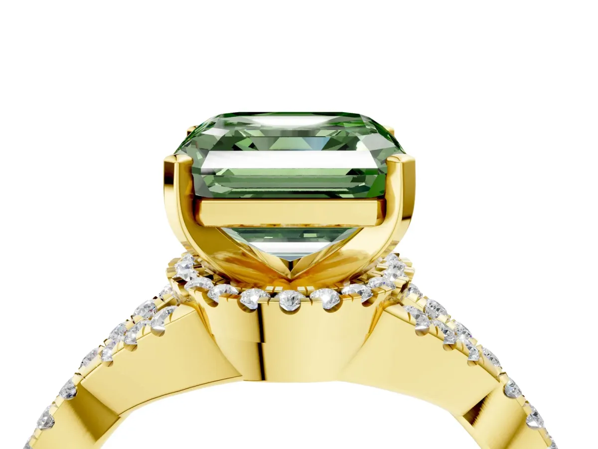 Fancy Green Asscher Cut Diamond Halo Twist Band Solitaire Prong Setting Ring Yellow gold