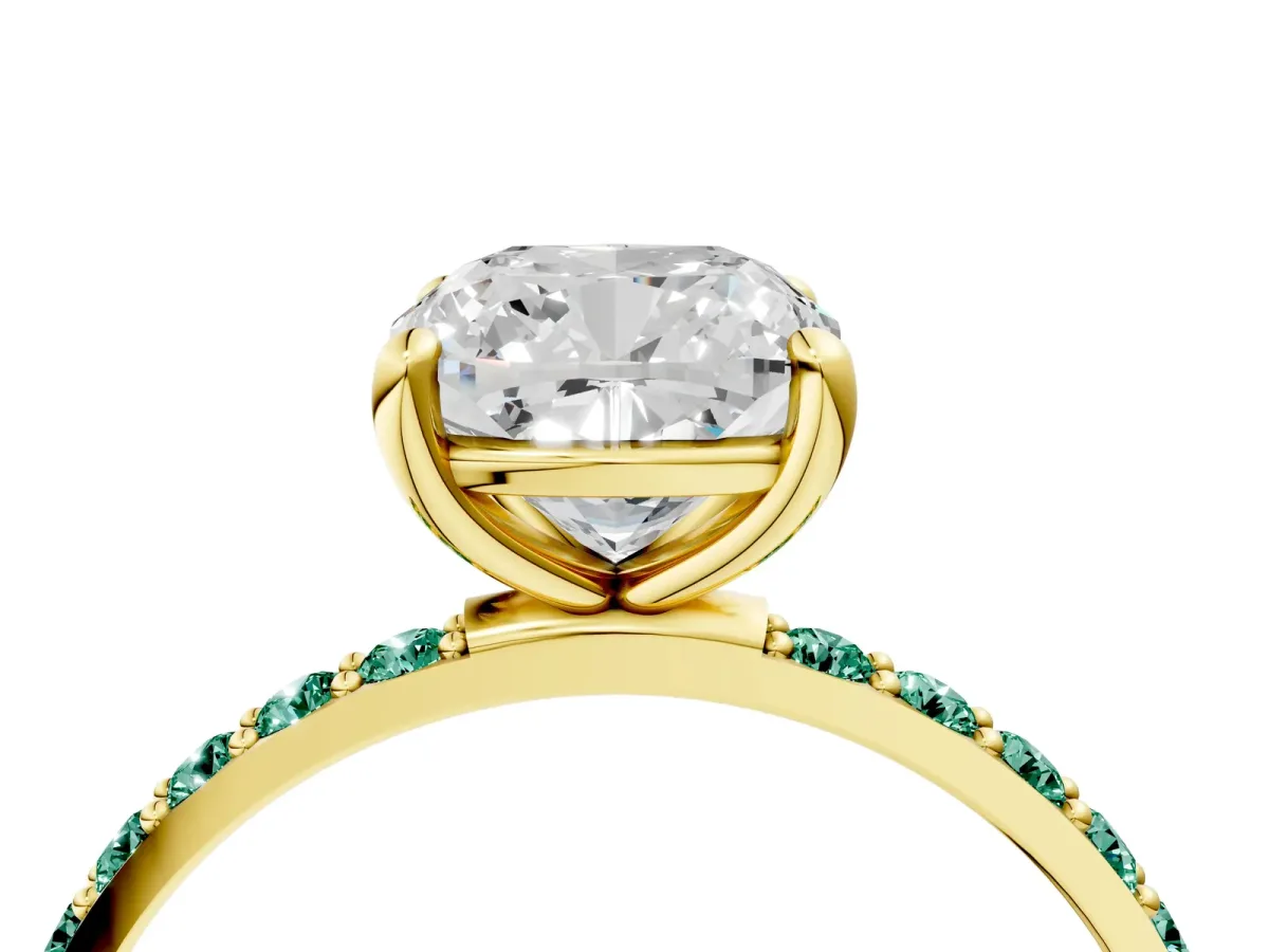 Cushion Cut Diamond Solitaire Ring with Round Green Sapphire Pavé Band and Prong Setting Yellow gold