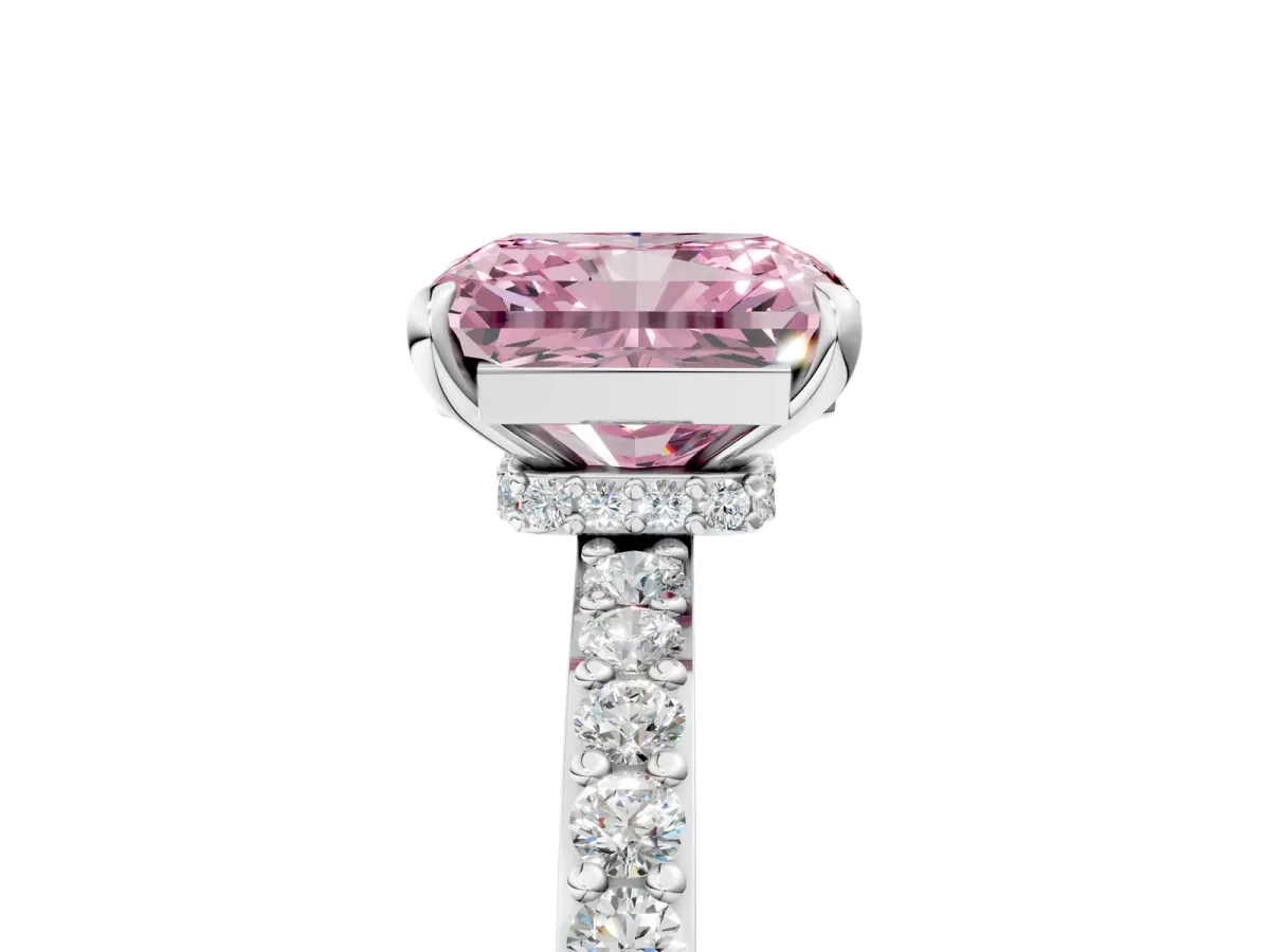 Fancy Pink Radiant Cut Diamond Solitaire Engagement Ring with Pavé Band and Four-Prong Setting White gold