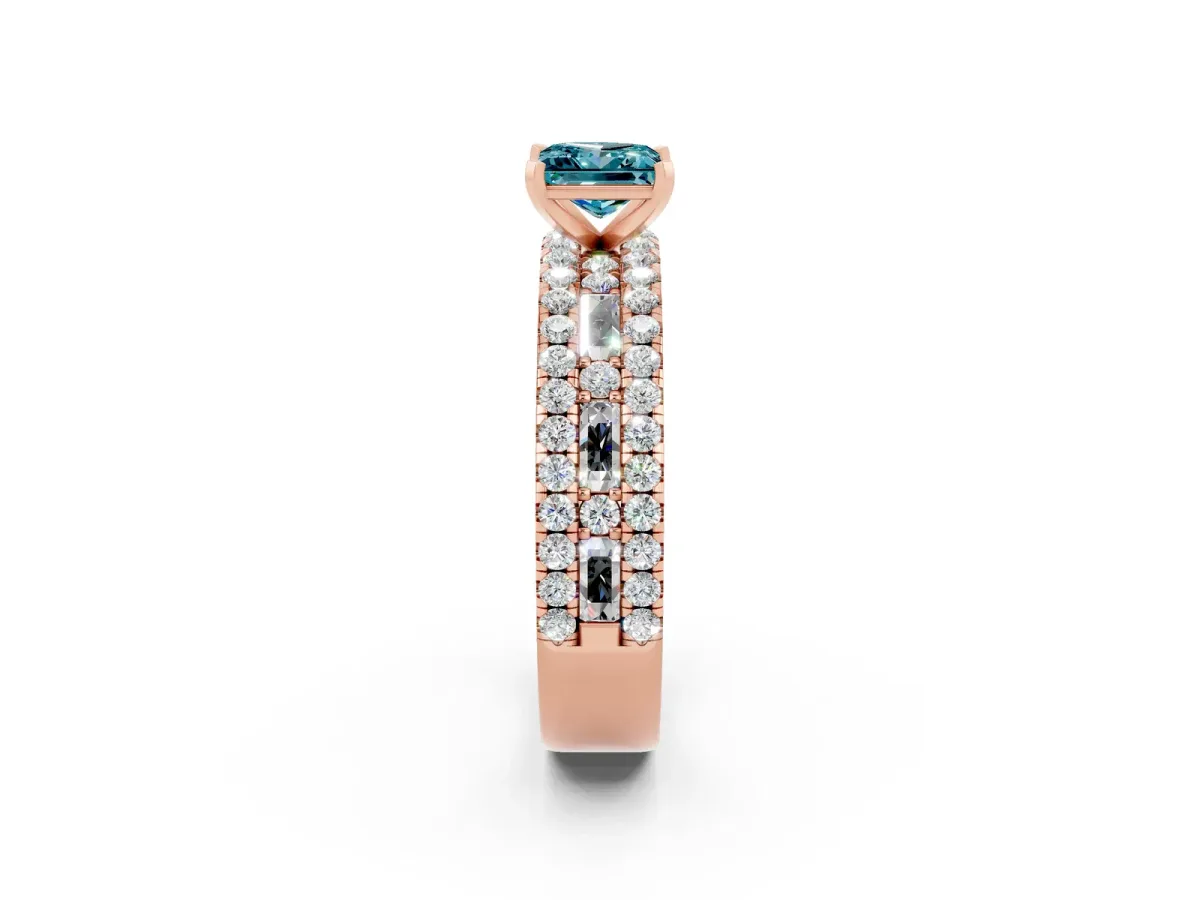 Princess Cut Blue Topaz Solitaire Ring with Pavé and Channel Set Band Rose gold