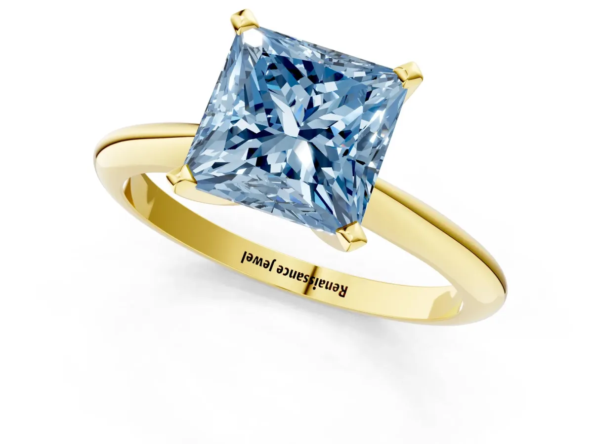 Fancy Blue Princess Cut Diamond Solitaire Engagement Ring with Classic Band and Four-Prong Setting Yellow gold