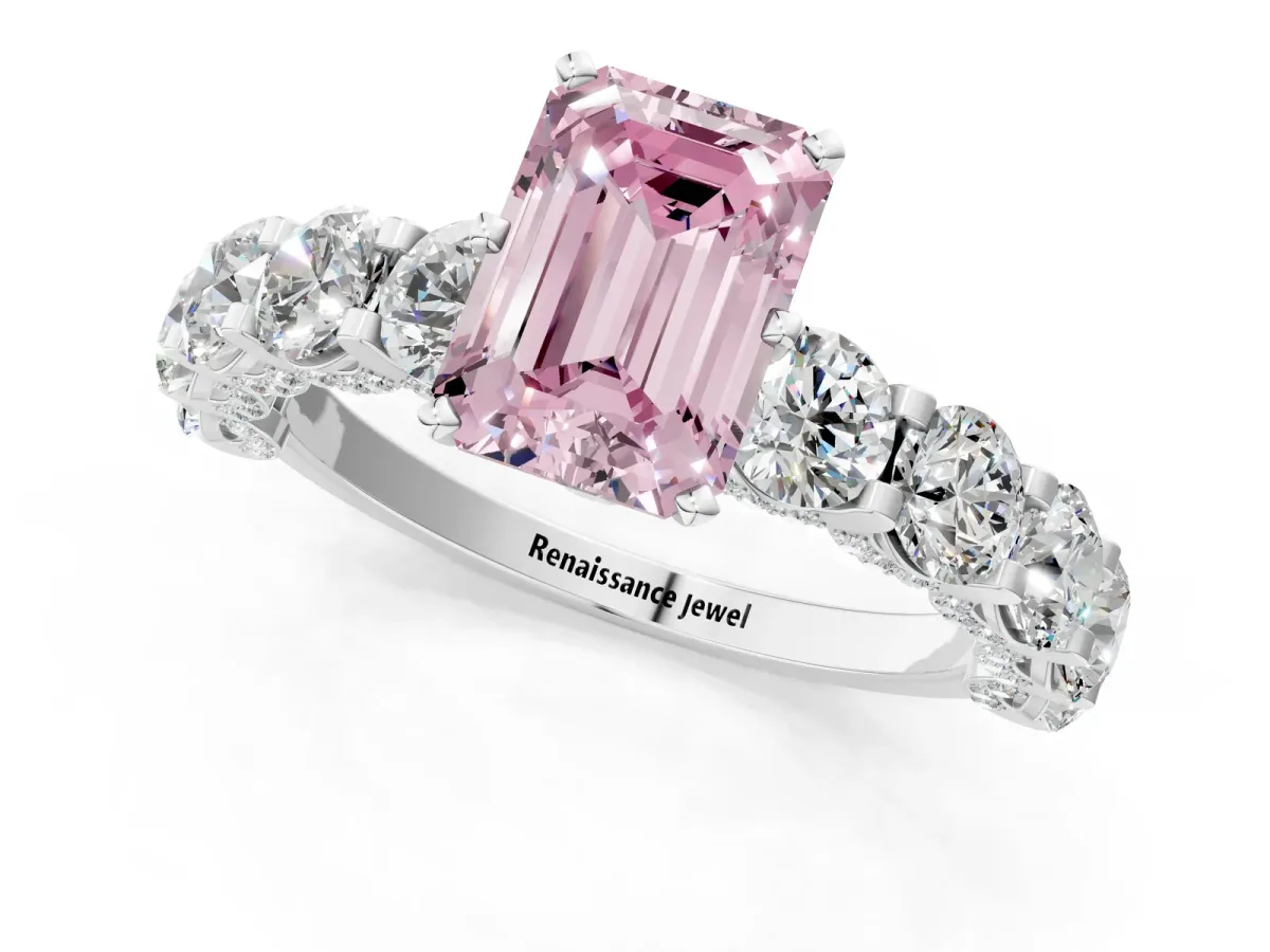 Fancy Pink Emerald Cut Diamond Side Stone Engagement Ring with Four-Prong Setting Platinum