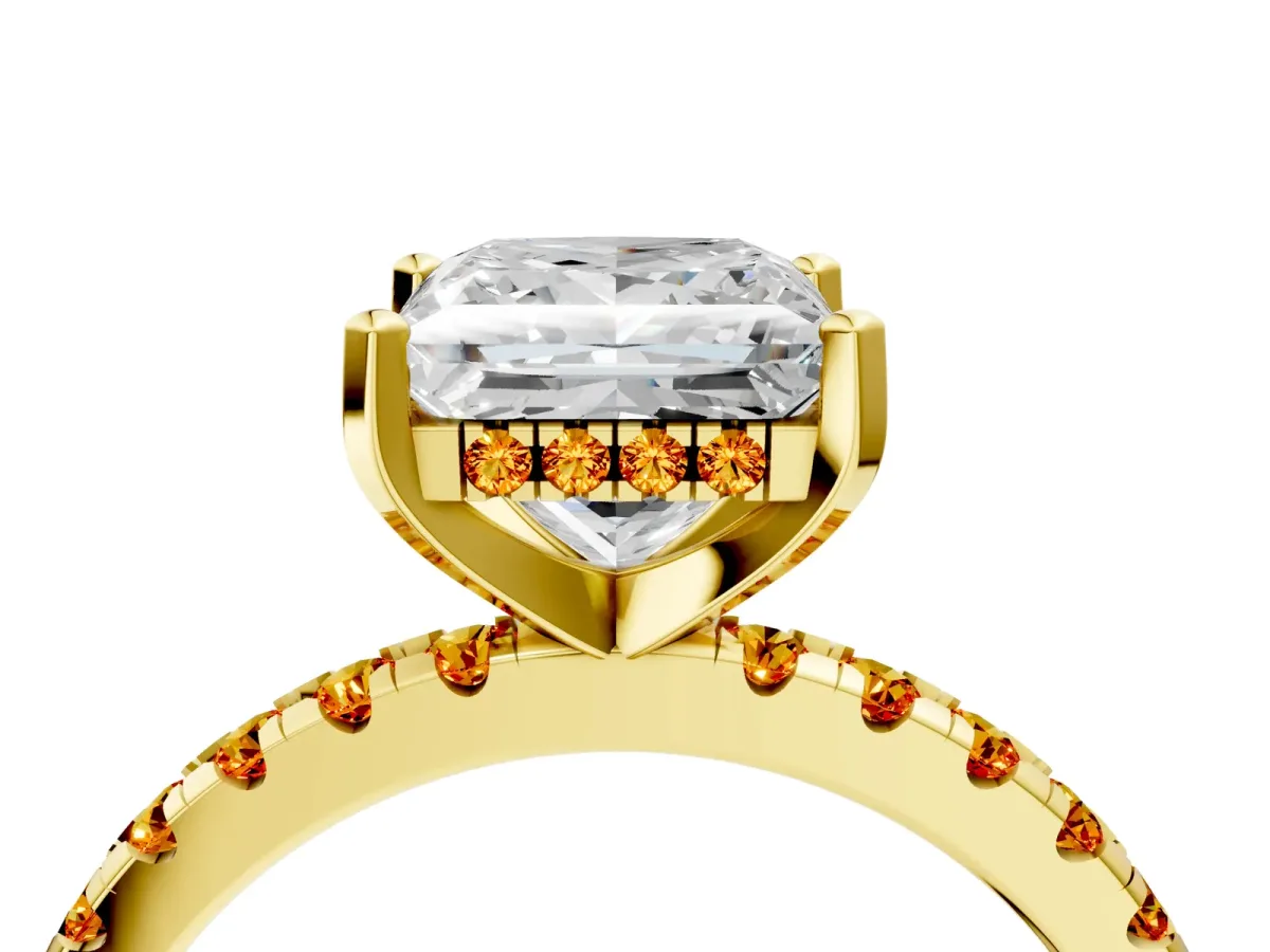 Princess Cut Diamond Solitaire Ring with Round Citrine Pavé Band and Four-Prong Setting Yellow gold