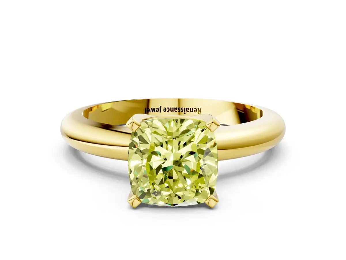 Fancy Yellow Cushion Cut Diamond Solitaire Engagement Ring with Round Band and Four-Prong Setting Yellow gold
