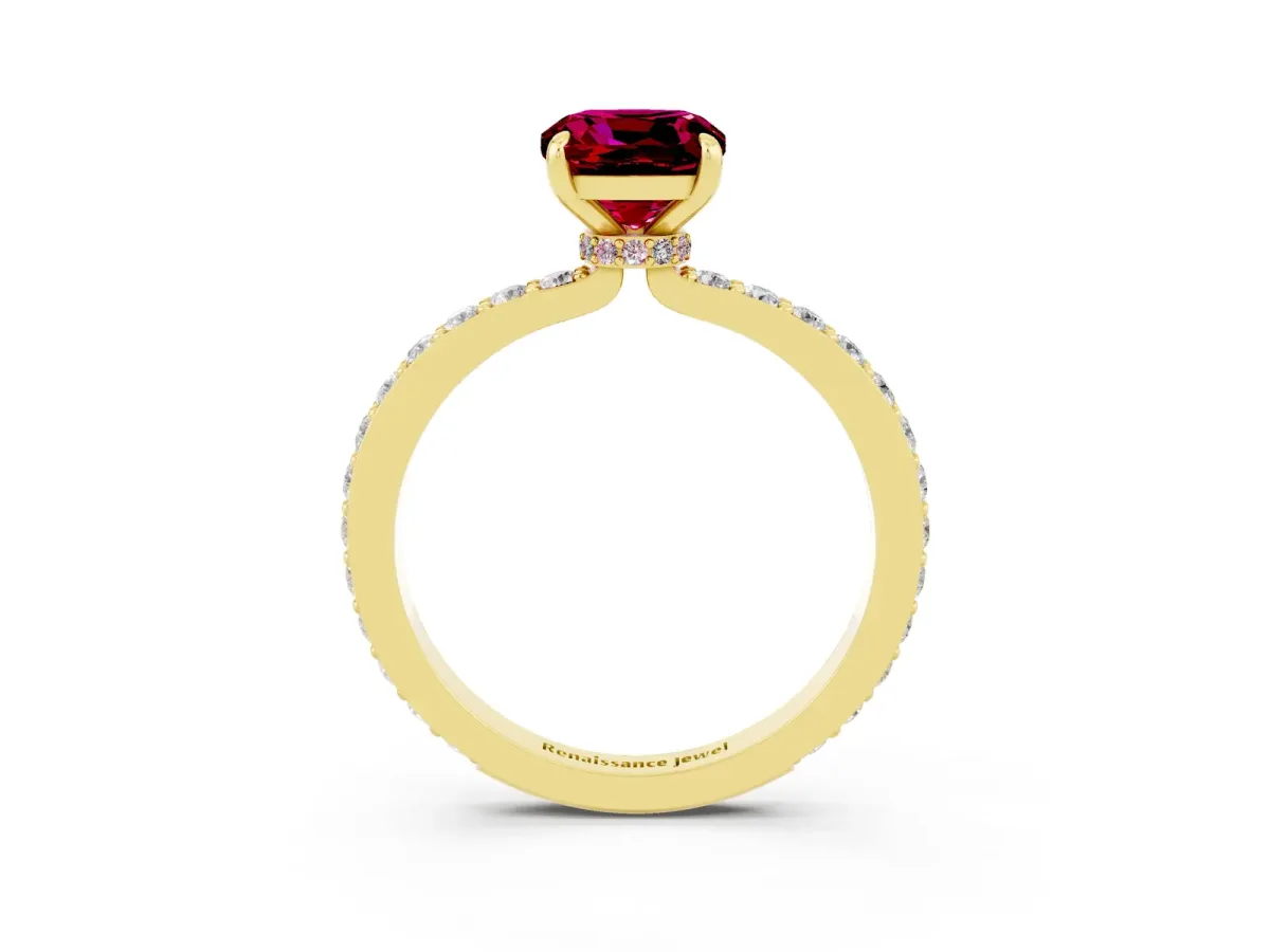 Cushion Cut Garnet Solitaire Engagement Ring with Pavé Band and Four-Prong Setting Yellow gold