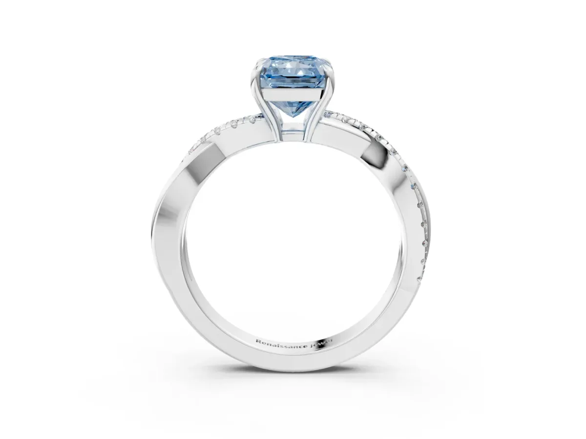 Fancy Blue Radiant Cut Cut Diamond Twisted Band with Pavé Setting and Four-Prong Setting Platinum