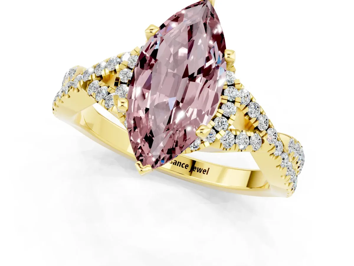 Marquise Cut Morganite Halo Twist Band Solitaire Prong Setting Ring Yellow gold