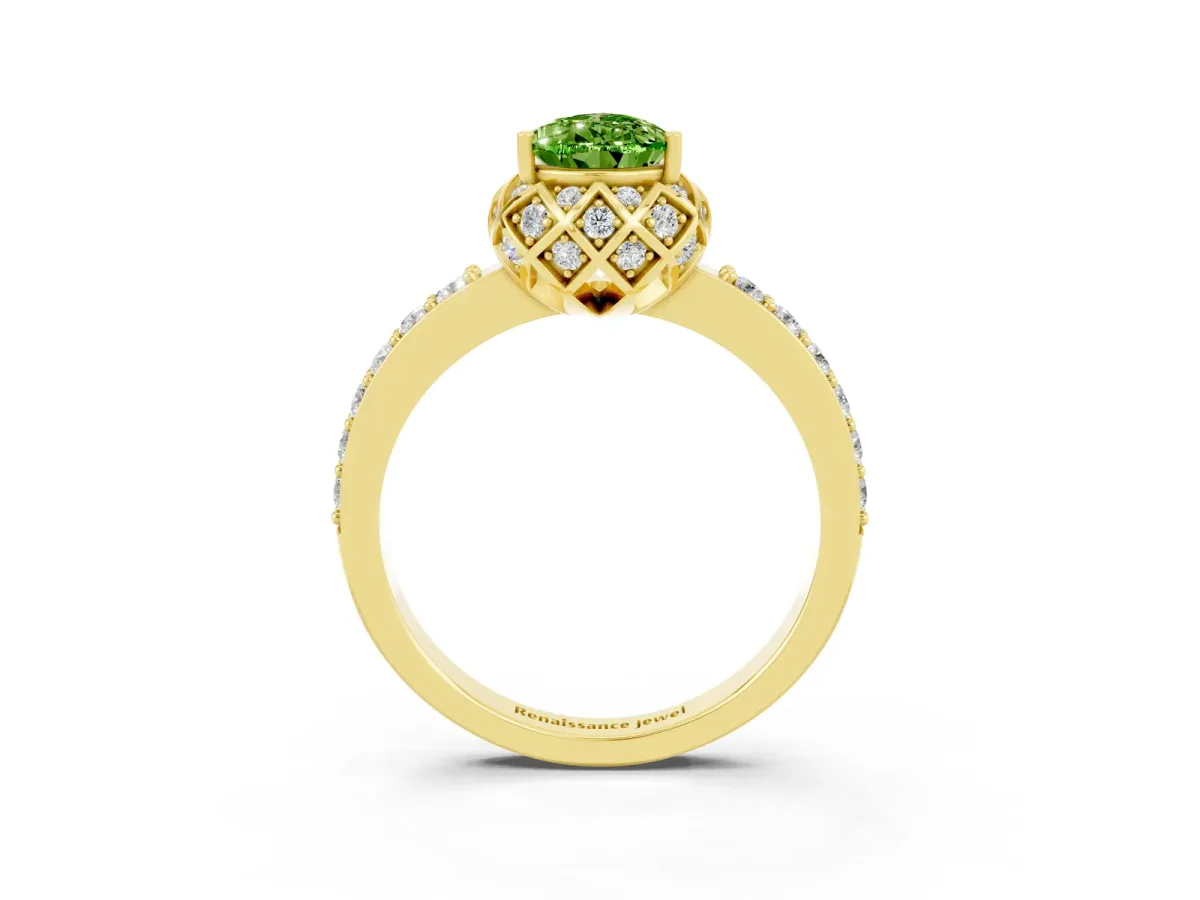 Pear Cut Peridot Scalloped Halo Engagement Ring with Round Shared Prong Band Yellow gold