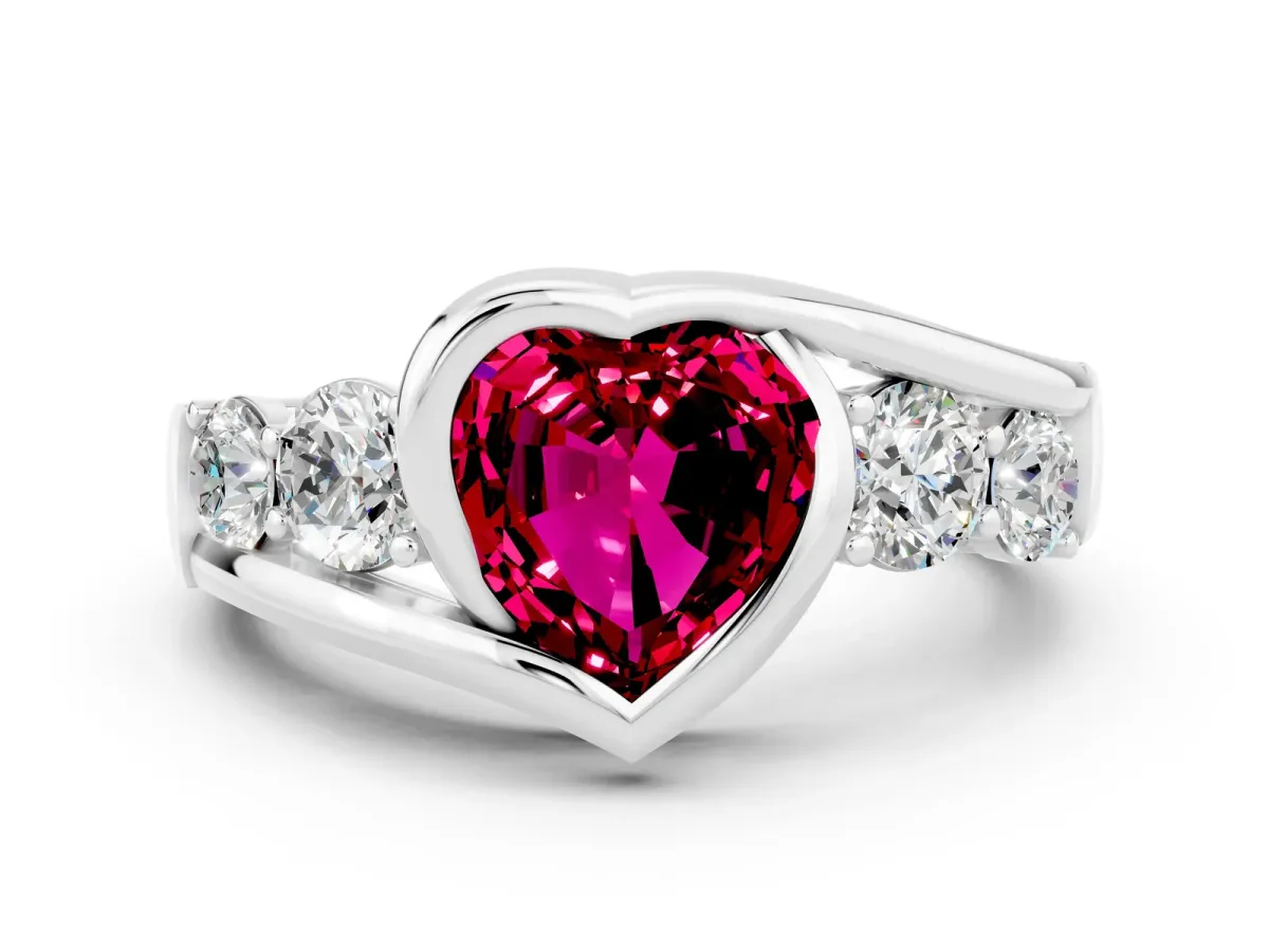 Bezel Set Heart Cut Garnet Bypass Ring with Round Accents Silver