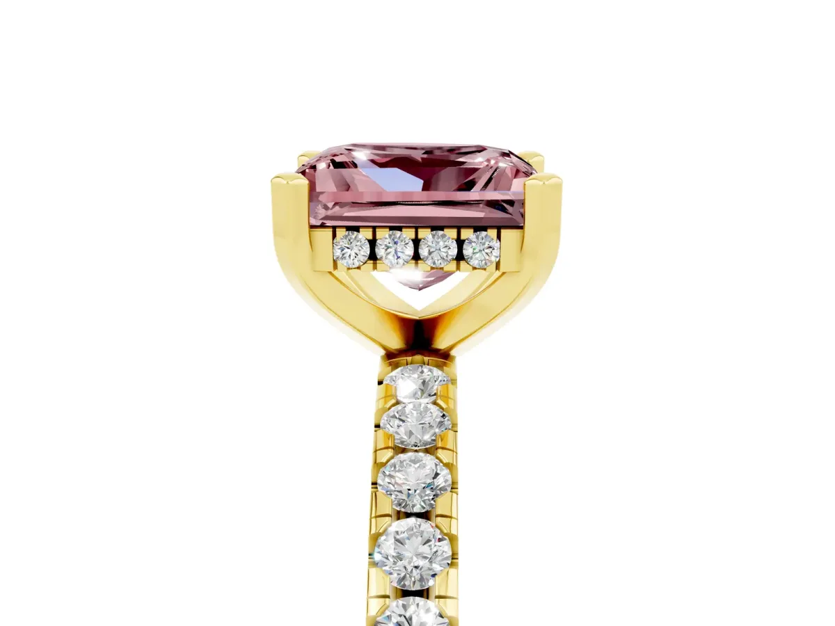 Princess Cut Morganite Solitaire Ring with Round Pavé Band and Four-Prong Setting Yellow gold
