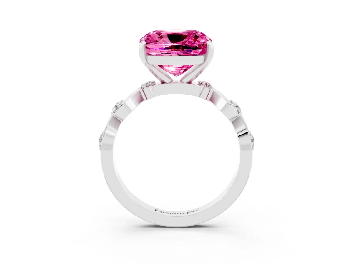Cushion Cut Pink Sapphire Solitaire Twisted Band with Round Accents and Prong Setting White gold