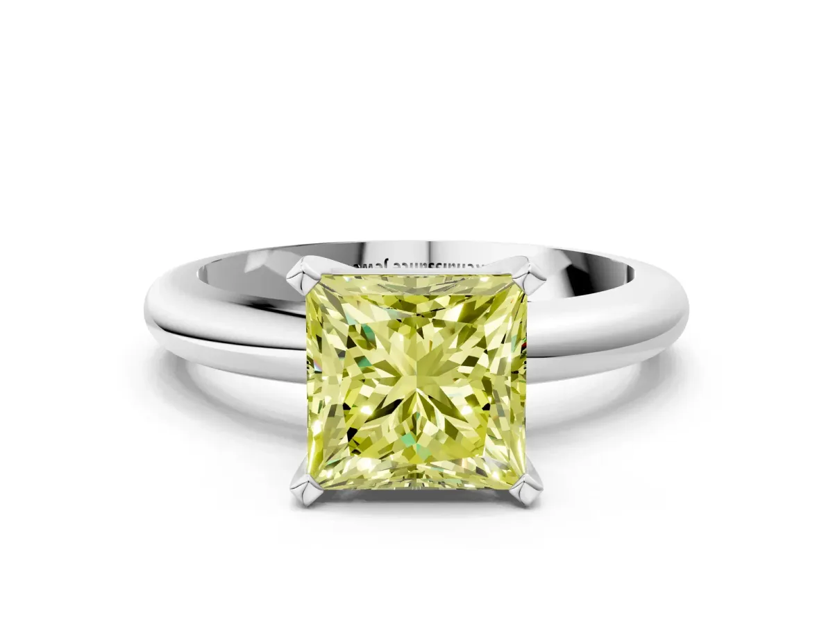 Fancy Yellow Princess Cut Diamond Solitaire Engagement Ring with Round Band and Four-Prong Setting White gold
