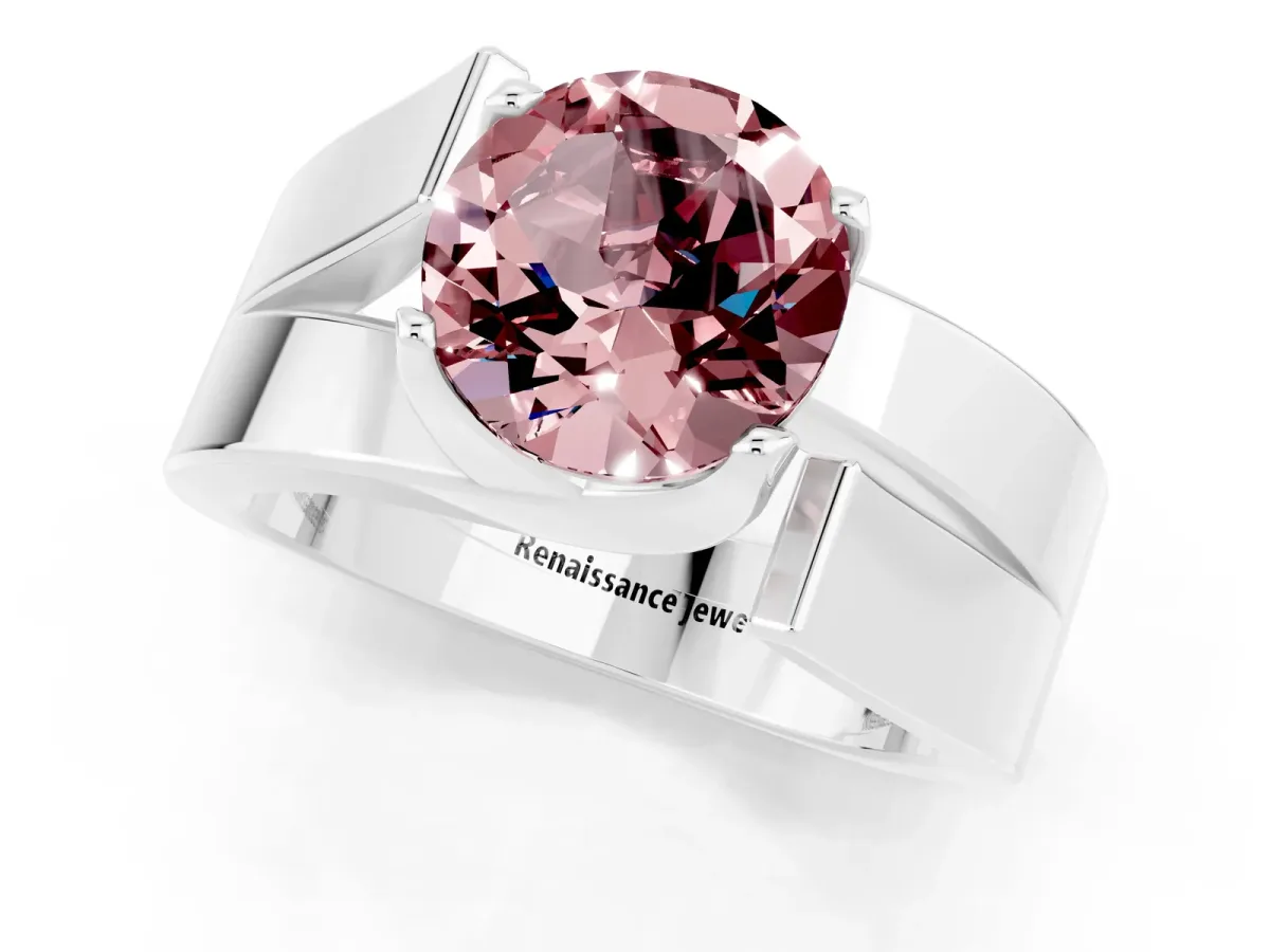 Modern Tension Set Round Cut Morganite Solitaire Wide Band Ring Silver