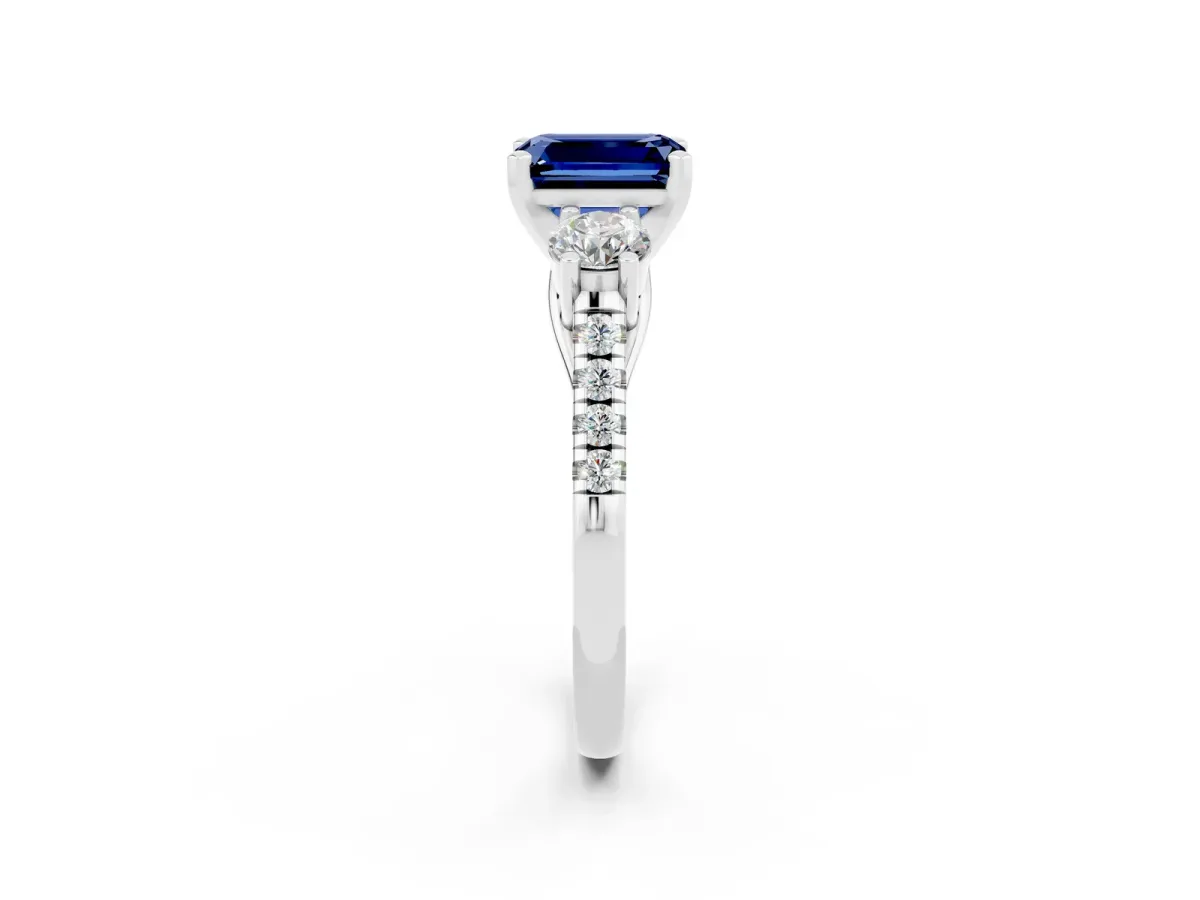 Three-Stone Emerald Cut Blue Sapphire Pavé Band with Four-Prong Setting Silver