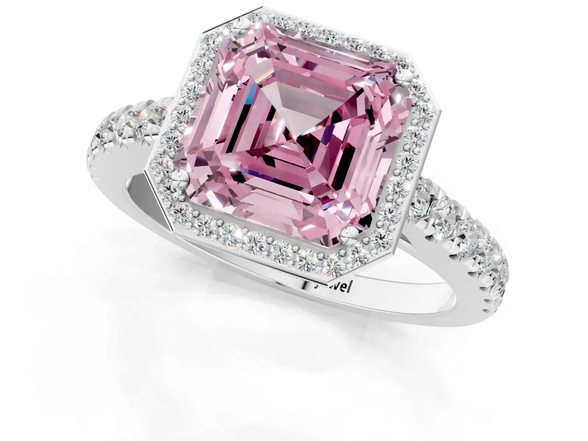 Fancy Pink Asscher Cut Cut Halo Diamond Engagement Ring with Pave Band and Four-Prong Setting Platinum