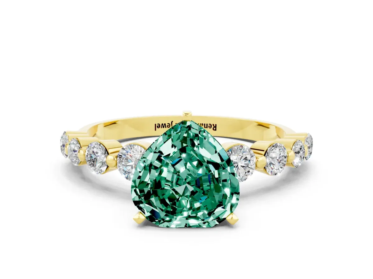 Heart Cut Solitaire Green Sapphire Ring with Pave Band and Four-Prong Setting Yellow gold
