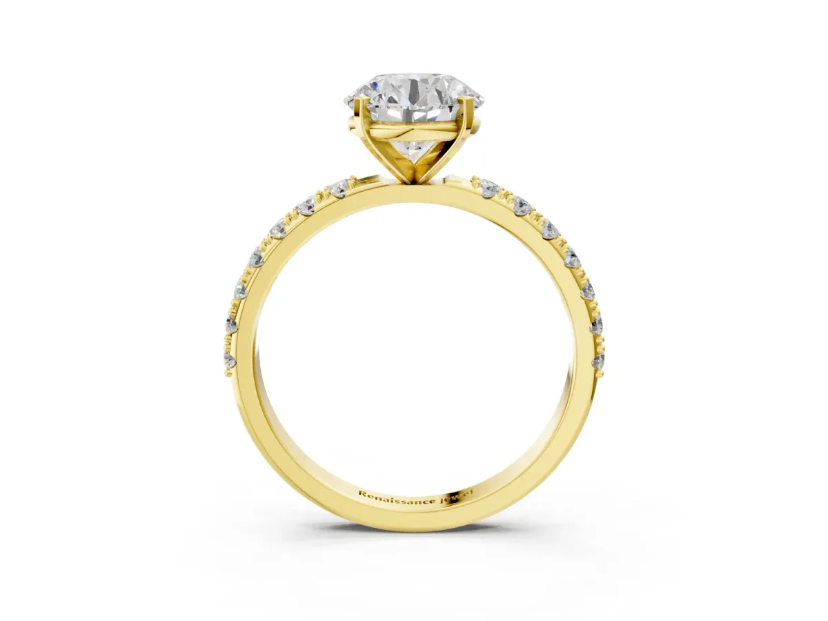 Round Cut Diamond Solitaire Pavé Band with Four-Prong Setting Yellow gold
