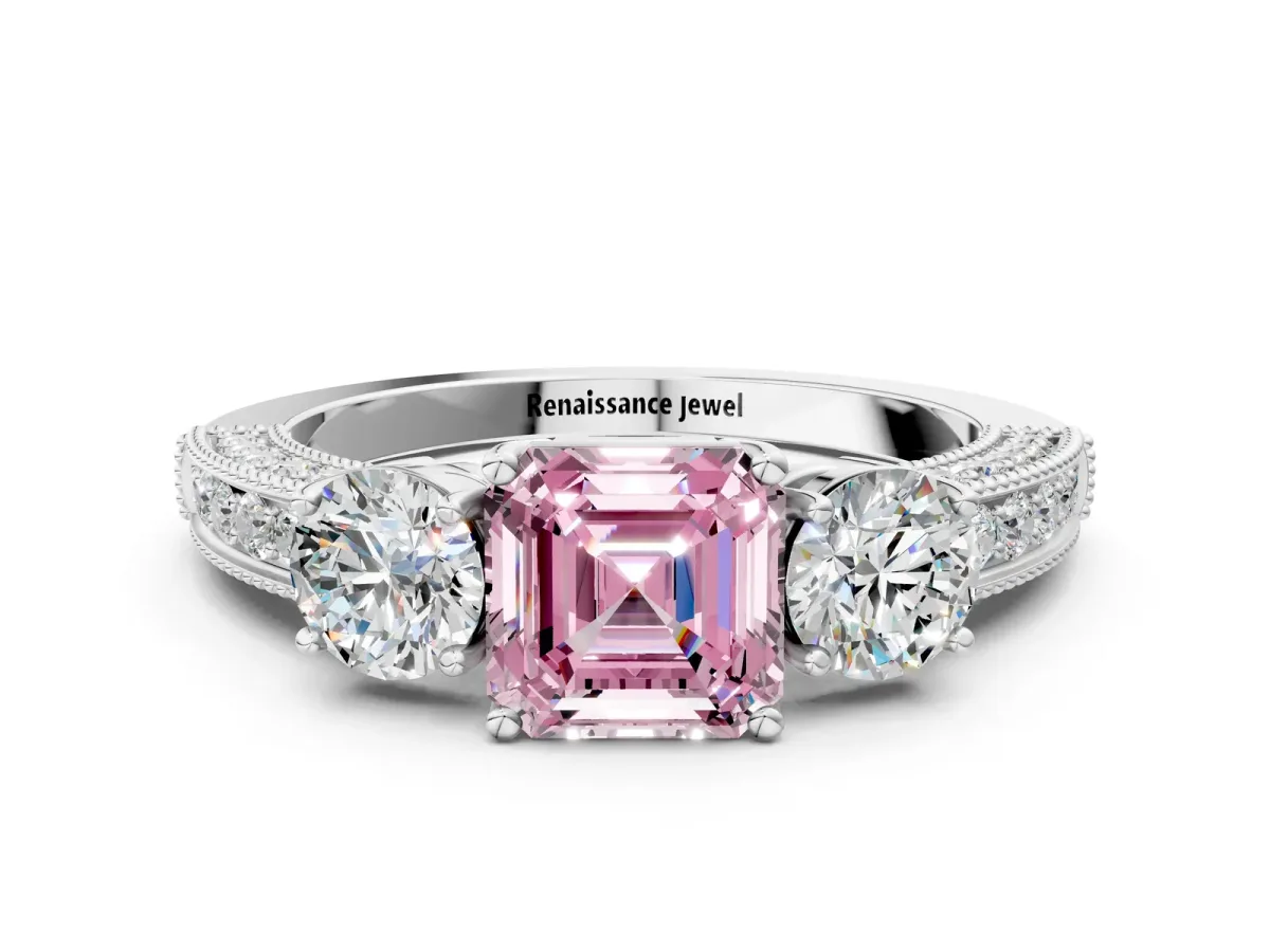 Fancy Pink Asscher Cut Three-Stone Diamond Ring with Pavé Band and Four-Prong Setting Platinum