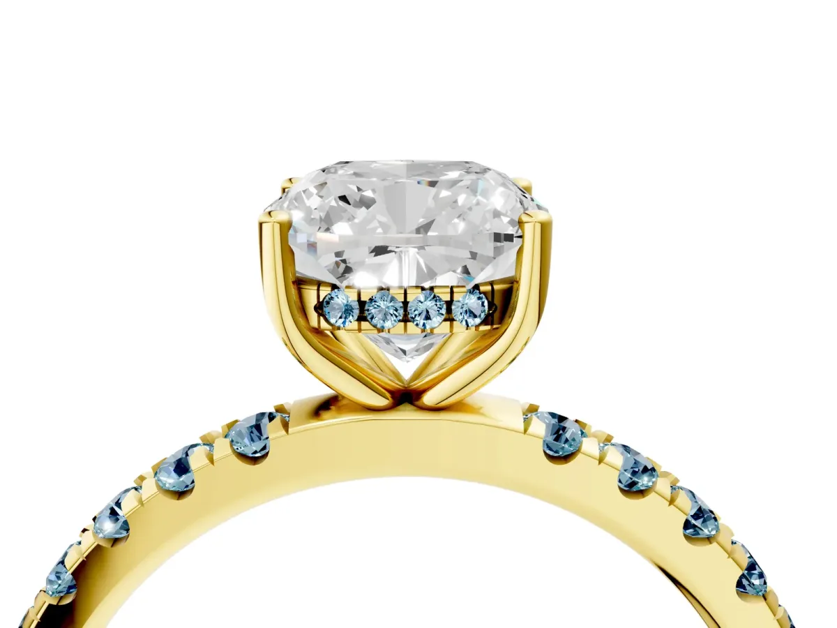 Cushion Cut Diamond Pave Band Solitaire Ring with Round Aquamarine and Prong Setting Yellow gold
