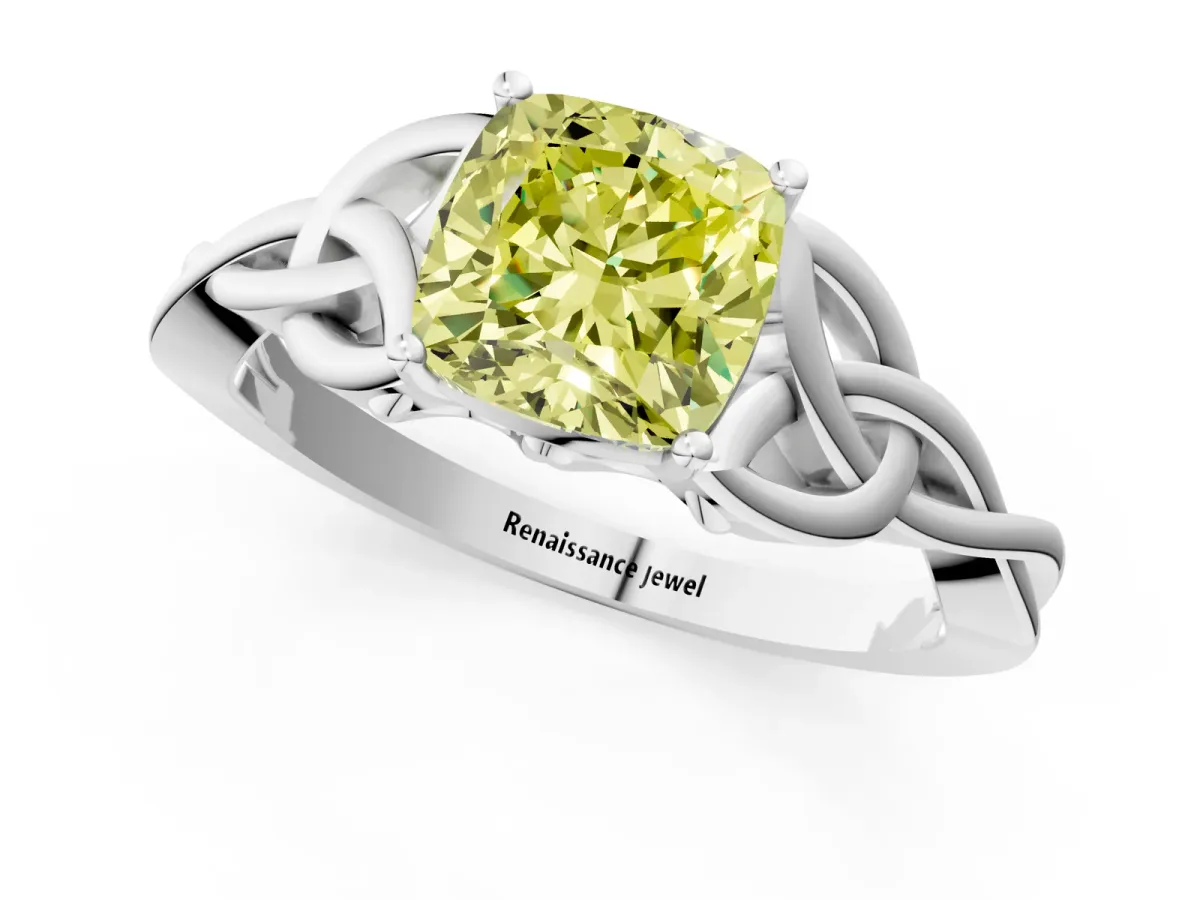 Fancy Yellow Cushion Cut Diamond Solitaire Engagement Ring with Celtic Knot Band and Four-Prong Setting White gold