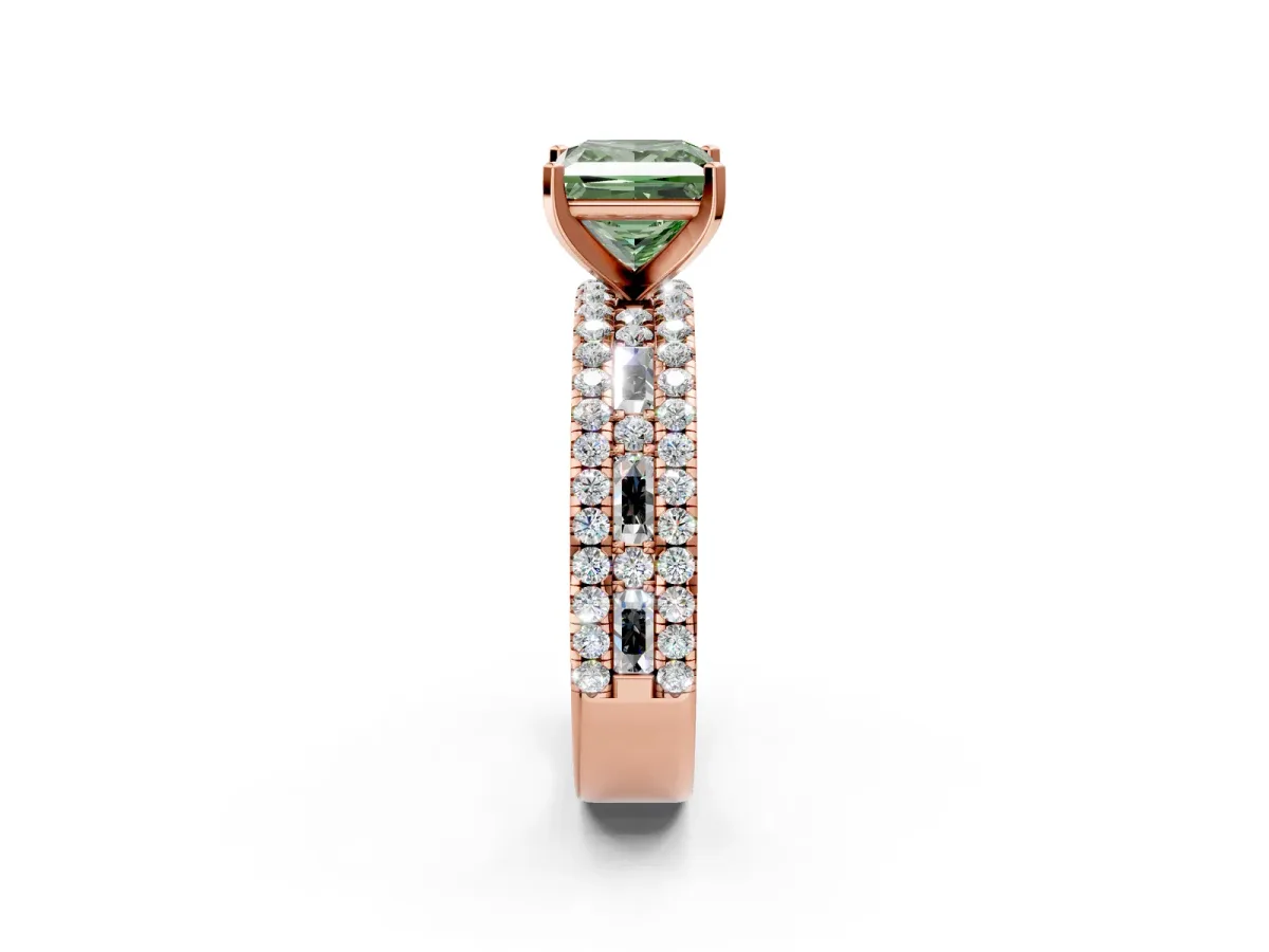 Fancy Green Princess Cut Diamond Solitaire Ring with Pavé and Channel Set Band Rose gold