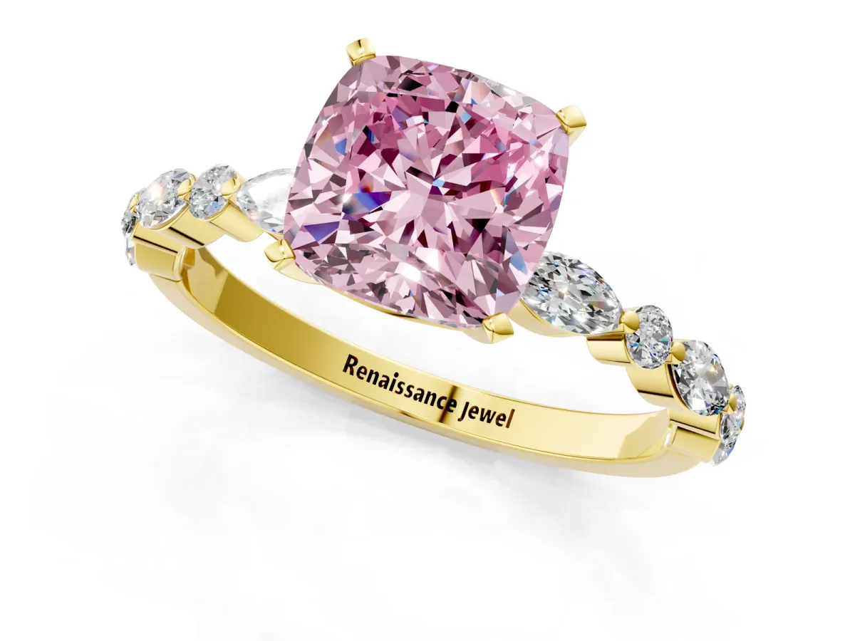 Fancy Pink Cushion Cut Diamond Ring with Marquise and Round Side Stones and Four-Prong Setting Yellow gold
