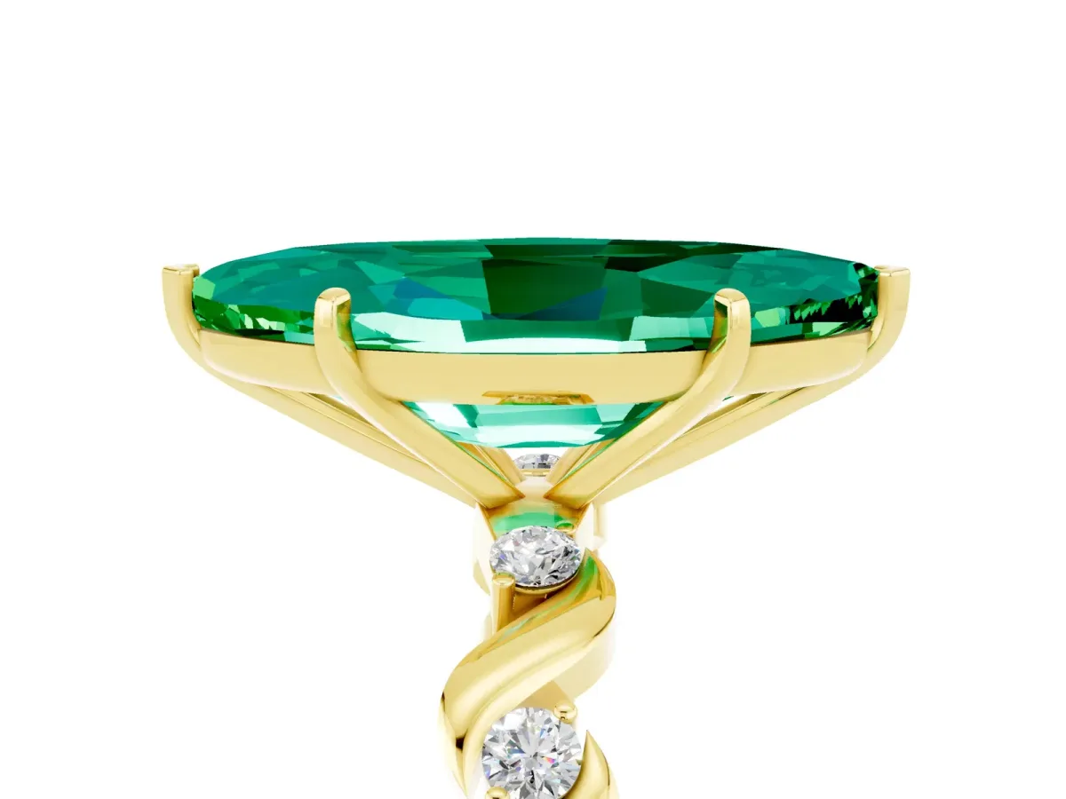 Marquise Cut Emerald Solitaire Twisted Band with Round Accents and Prong Setting Yellow gold