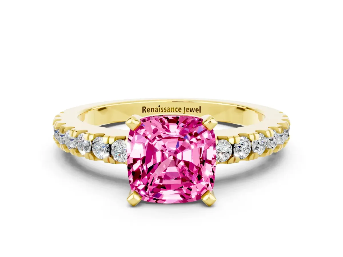 Cushion Cut Solitaire Pink Sapphire with Pavé Band and Four-Prong Setting Yellow gold