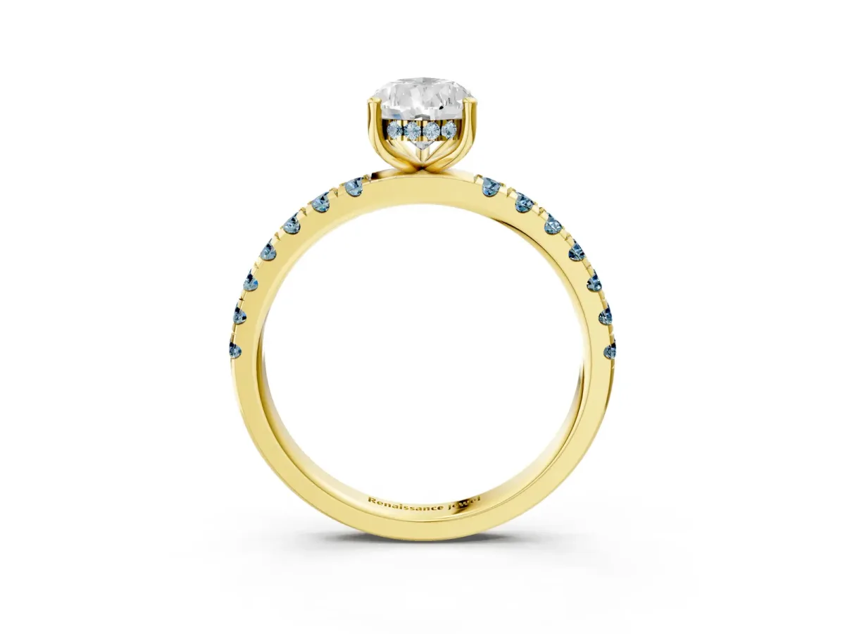 Pear Cut Diamond Pave Band Solitaire Ring with Round Aquamarine and Prong Setting Yellow gold