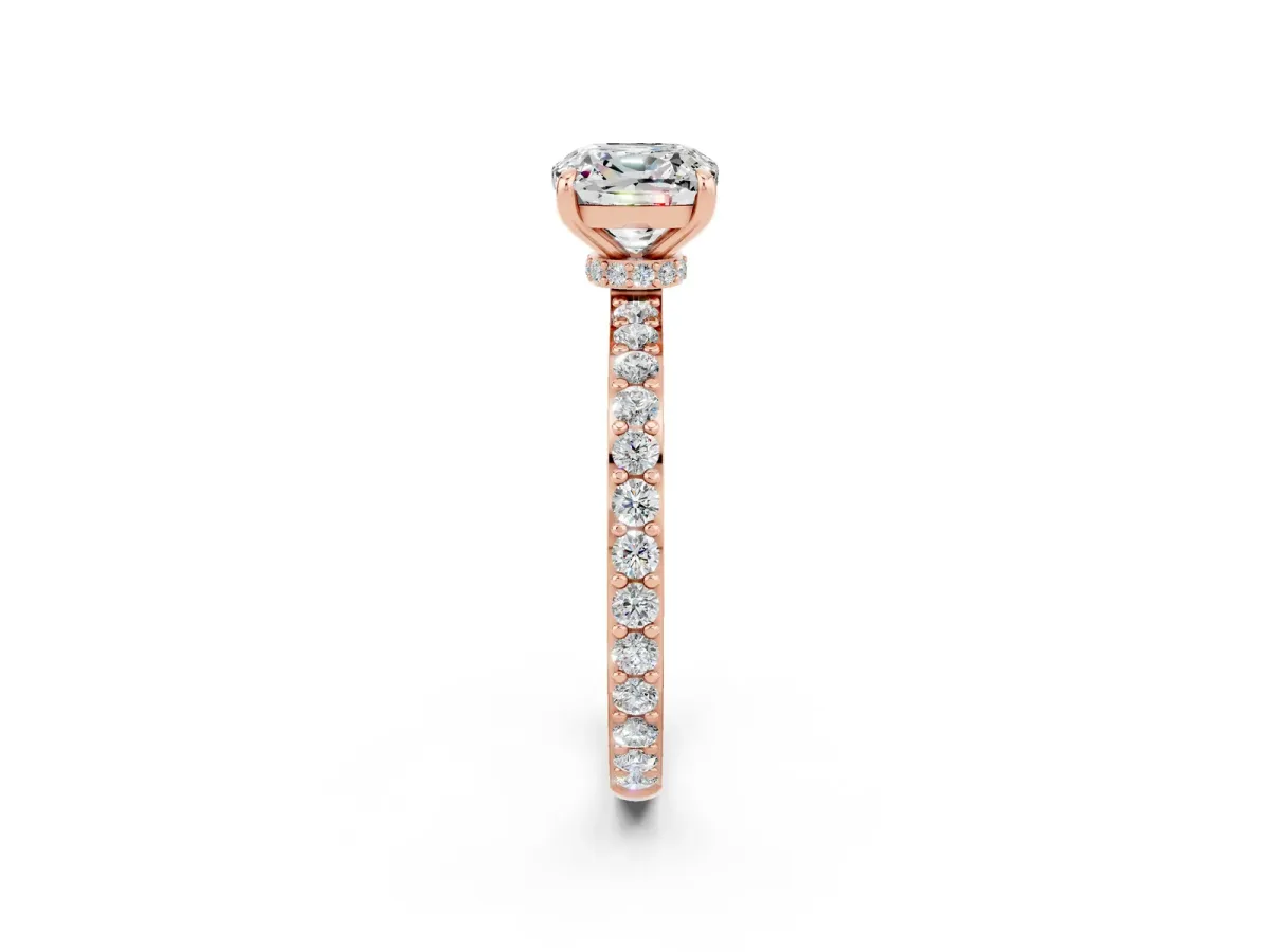 Cushion Cut Moissanite Solitaire Engagement Ring with Pavé Band and Four-Prong Setting Rose gold