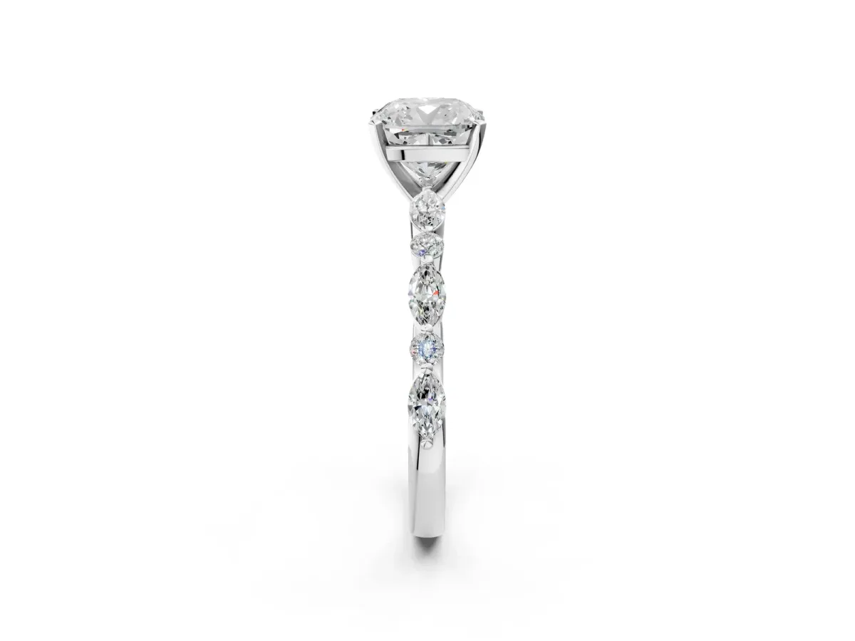 Cushion Cut Diamond Ring with Marquise and Round Moissanite Side Stones and Four-Prong Setting White gold