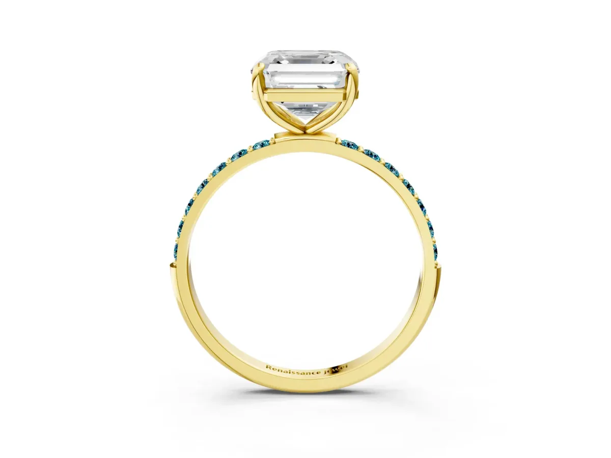 Asscher Cut Diamond Solitaire Ring with Round Blue Topaz Pavé Band and Prong Setting Yellow gold