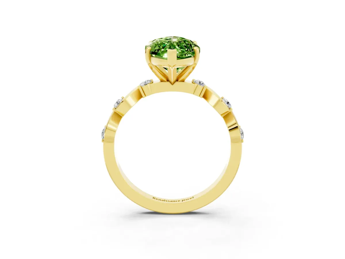 Marquise Cut Peridot Solitaire Twisted Band with Round Accents and Prong Setting Yellow gold