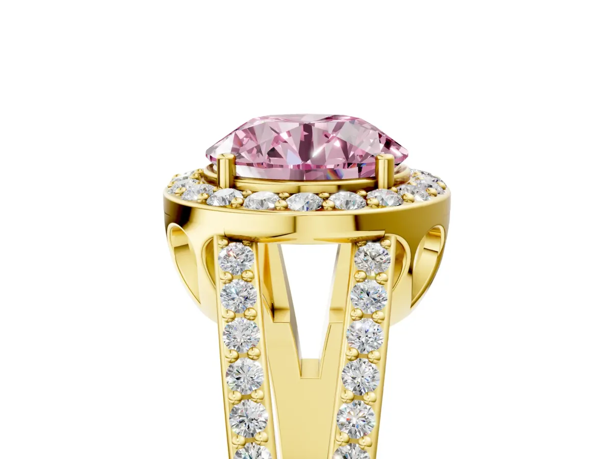 Fancy Pink Round Cut Diamond Halo Ring with Split Shank U-Prong Band and Four-Prong Setting Yellow gold