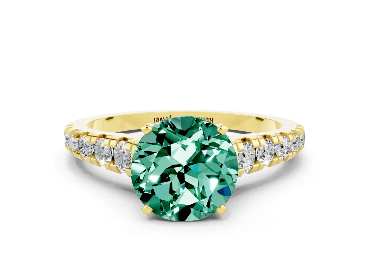 Round Cut Green Sapphire Cathedral Solitaire Ring with Round Pavé Band Yellow gold