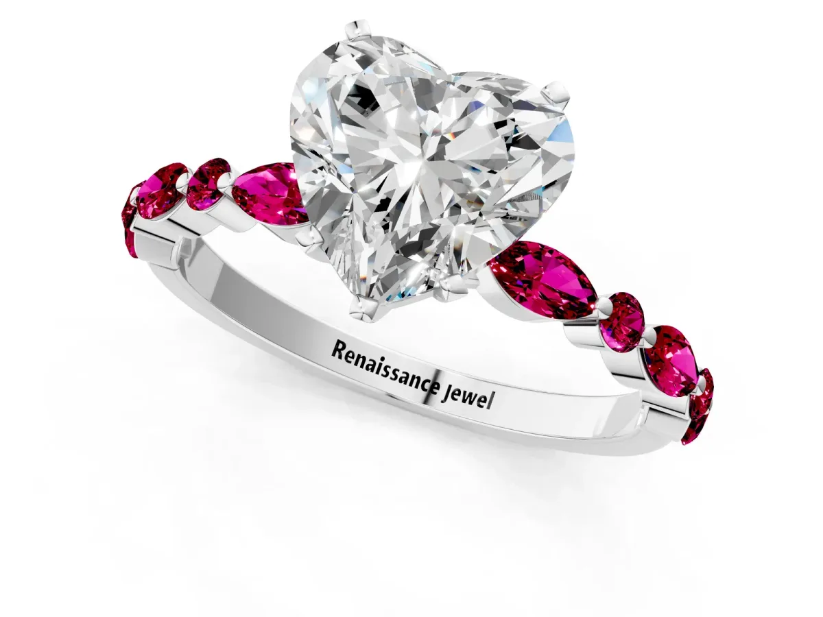 Heart Cut Diamond Ring with Marquise and Round Garnet Side Stones and Four-Prong Setting White gold