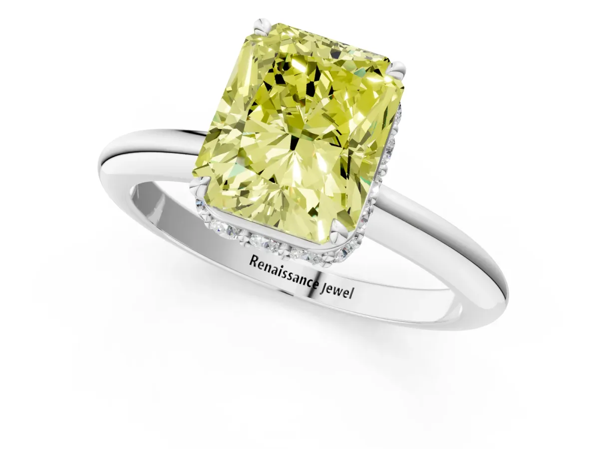 Fancy Yellow Radiant Cut Brilliant Solitaire Engagement Ring with Six-Prong Setting and Classic Band Platinum