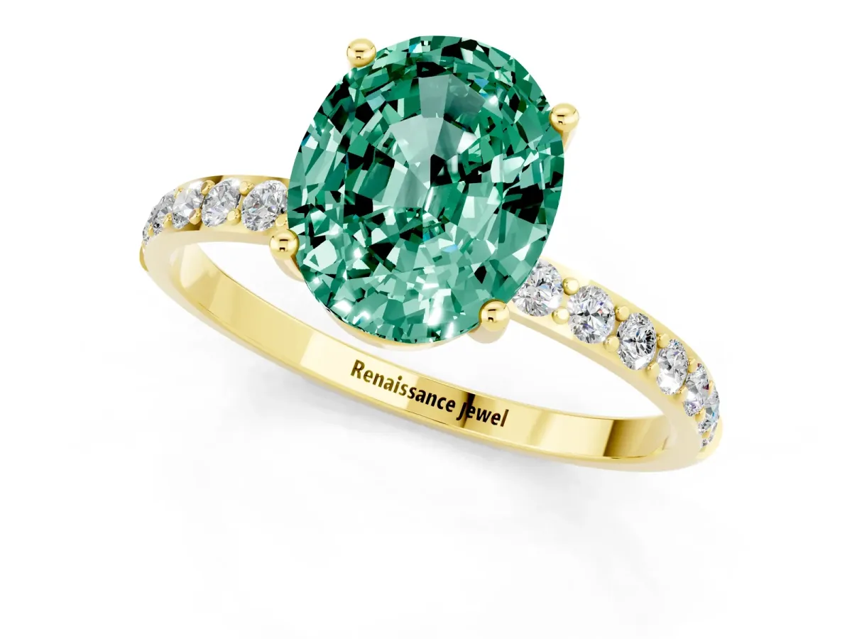Oval Cut Green Sapphire Solitaire Ring with Round Pavé Band and Prong Setting Yellow gold