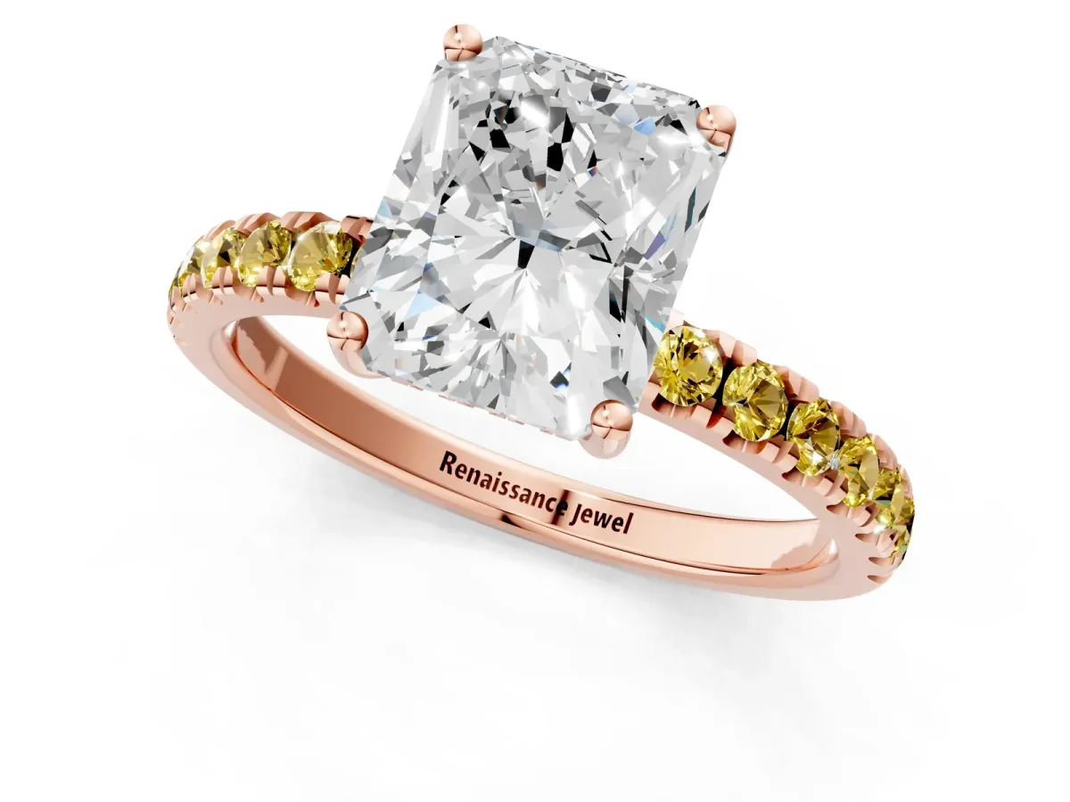 Radiant Cut Diamond Pave Band Solitaire Ring with Round Yellow Sapphire and Prong Setting Rose gold