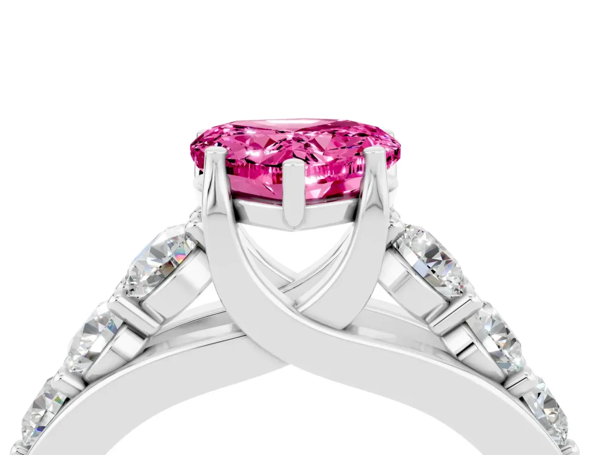 Heart Cut Pink Sapphire Engagement Ring with Pavé Band and Four-Prong Setting White gold