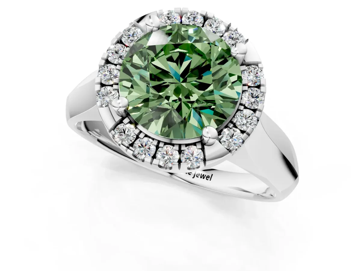 Fancy Green Round Cut Cut Halo Solitaire Engagement Ring with Square Band and Four-Prong Setting White gold