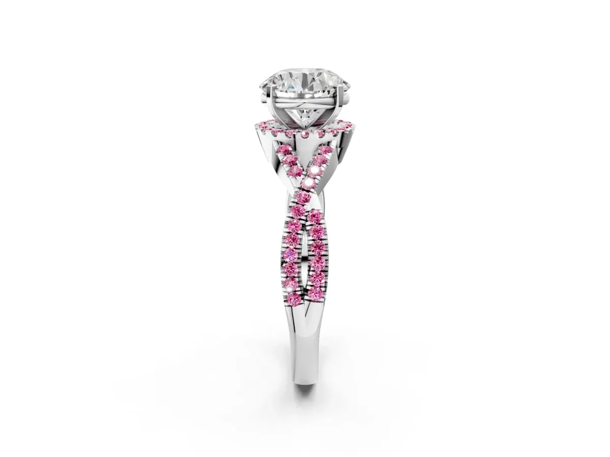 Round Cut Diamond Pink Sapphire Halo Twist Band Solitaire Prong Setting Ring White gold