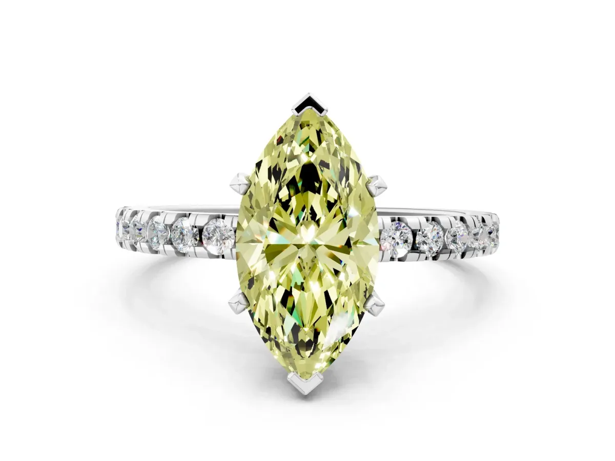 Fancy Yellow Marquise Cut Diamond Solitaire Ring with Round Pavé Band and Four-Prong Setting White gold