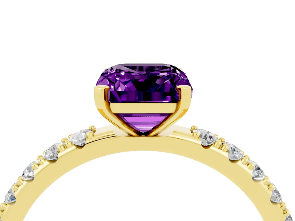 Emerald Cut Amethyst Solitaire Pavé Band with Four-Prong Setting Yellow gold