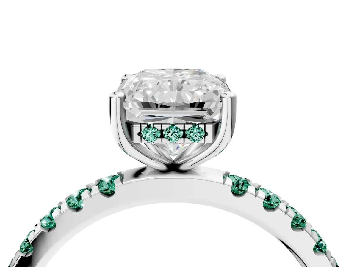 Radiant Cut Diamond Pave Band Solitaire Ring with Round Green Sapphire and Prong Setting White gold