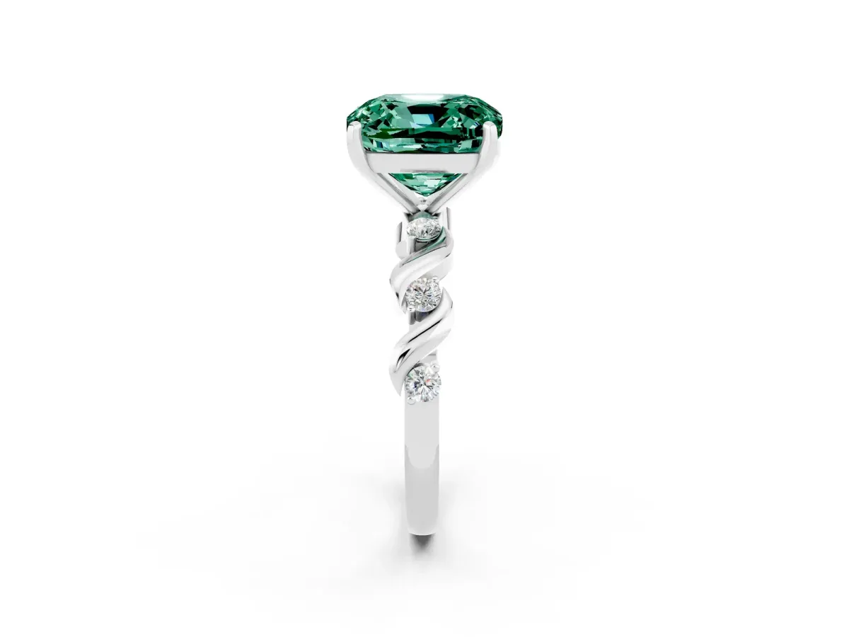 Cushion Cut Green Sapphire Solitaire Twisted Band with Round Accents and Prong Setting Platinum