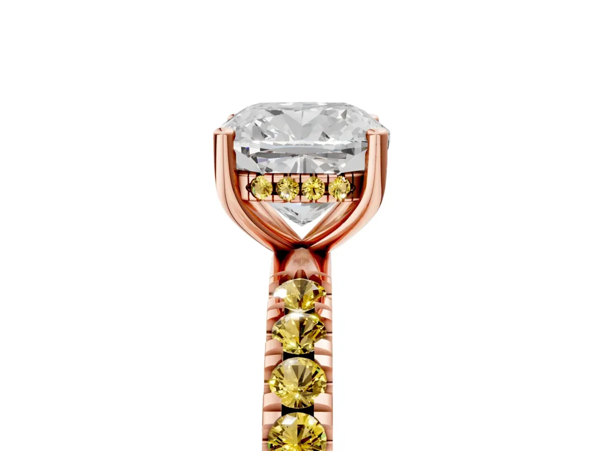 Cushion Cut Diamond Pave Band Solitaire Ring with Round Yellow Sapphire and Prong Setting Rose gold