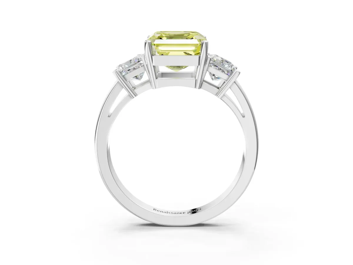 Fancy Yellow Three-Stone Asscher Cut Cut Solitaire Ring with Prong Setting Platinum