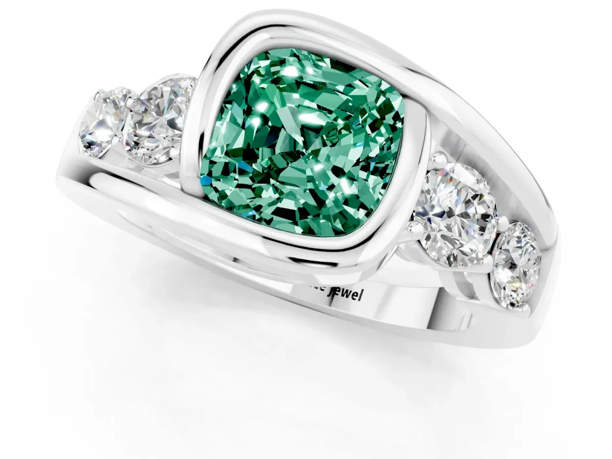 Bezel Set Cushion Cut Green Sapphire Bypass Ring with Round Accents Silver